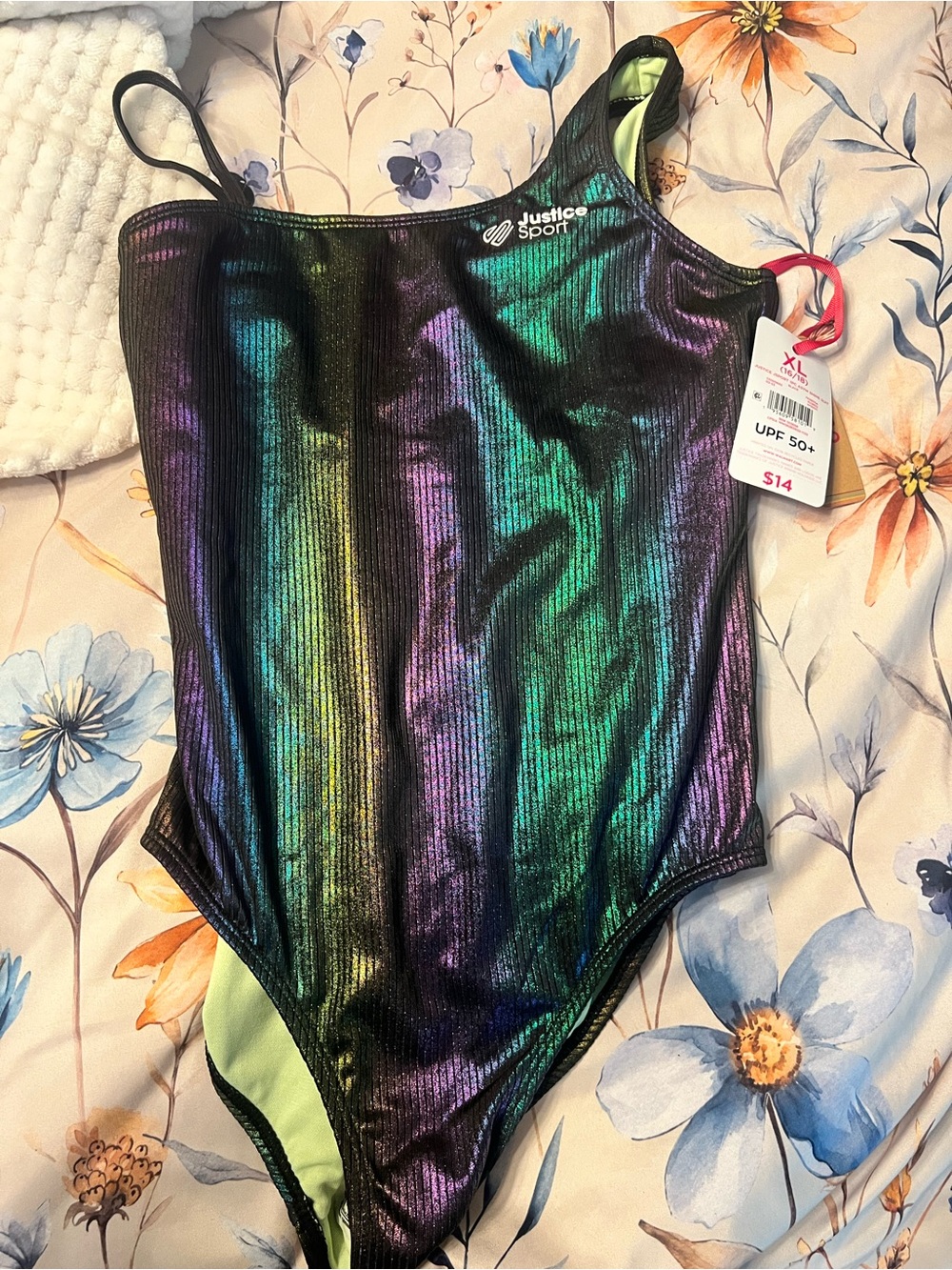 Justice Kids One Piece Swimsuit in Shimmering Green Purple Blue